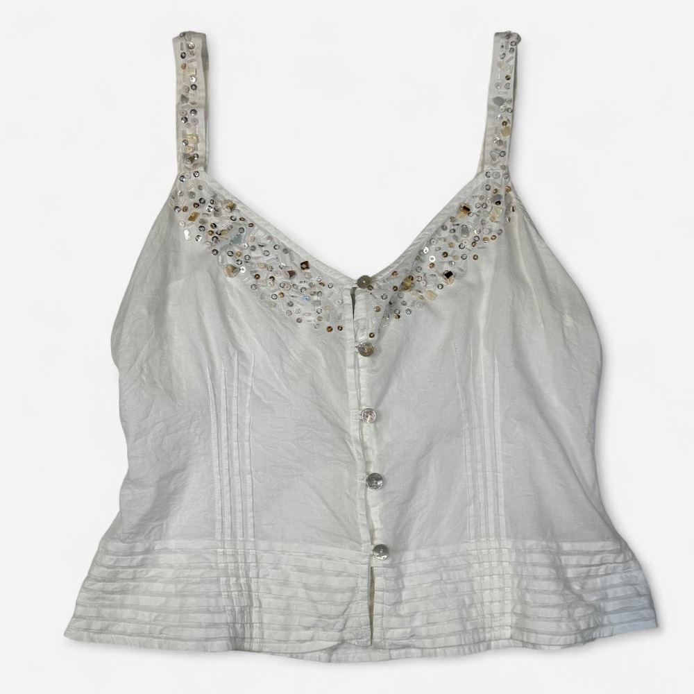 City DKNY White Beaded Sequin Camisole Tank Top Vintage Y2K Boho Size 6